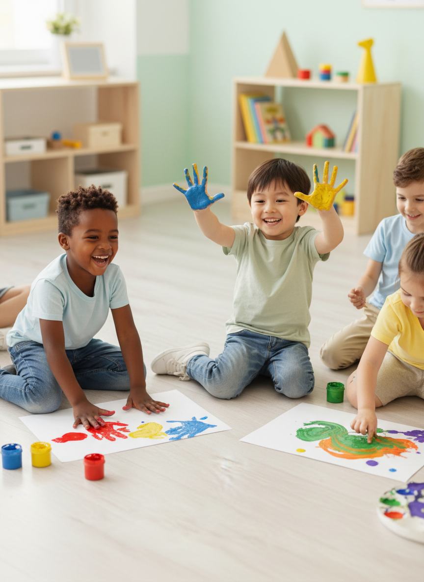 Children happily finger-painting