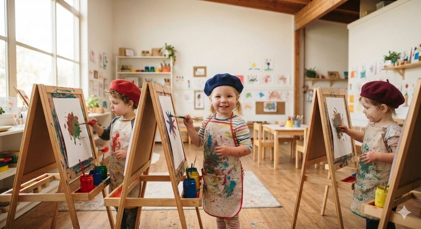 Children painting together at an art table