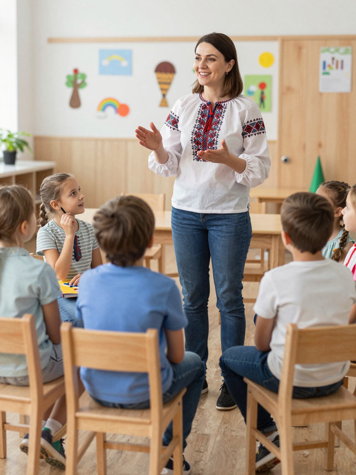 Teacher in Ukrainian embroidered shirt with students