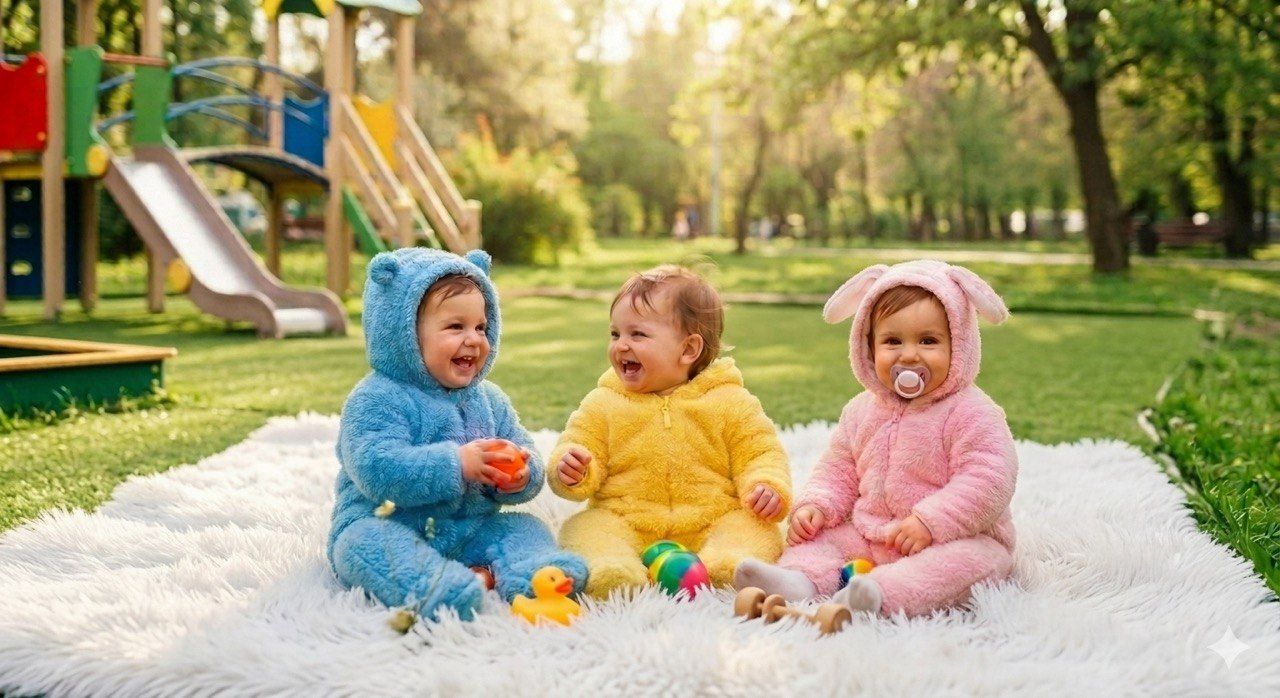 Happy toddlers playing outside on a soft blanket