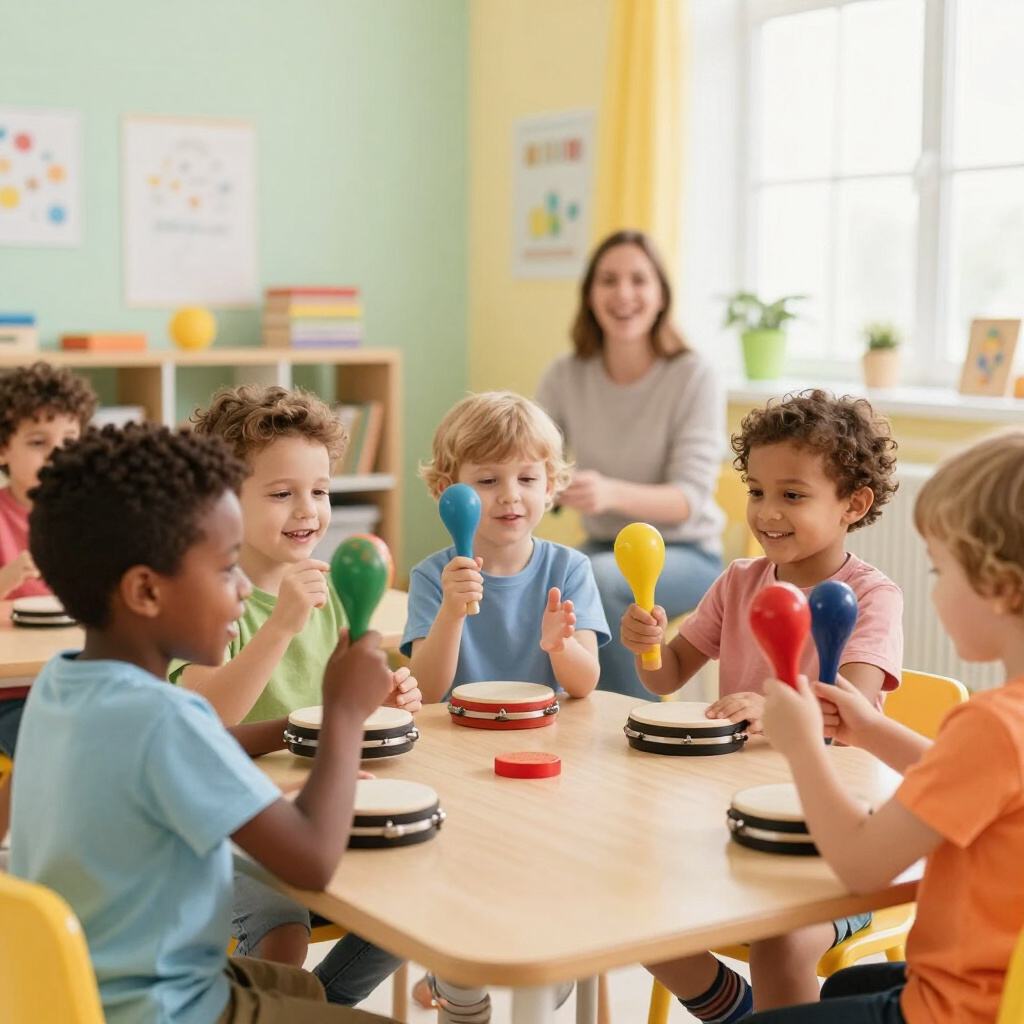 Children playing tambourines and maracas