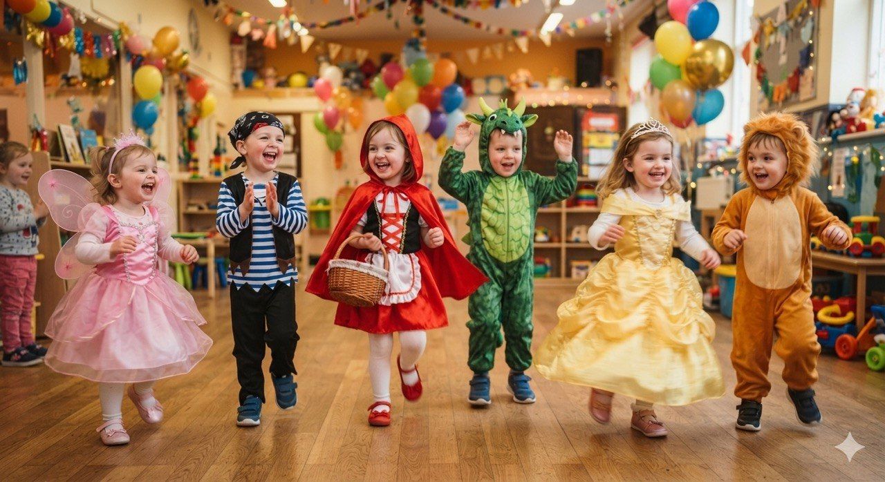 Children in costumes dancing at a music celebration