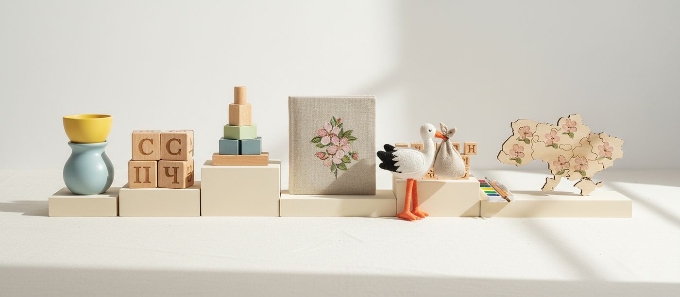 Ukrainian-inspired decor: embroidery, wooden blocks, apple blossom map