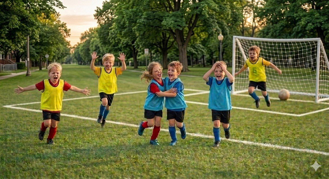 School-age children playing soccer outside