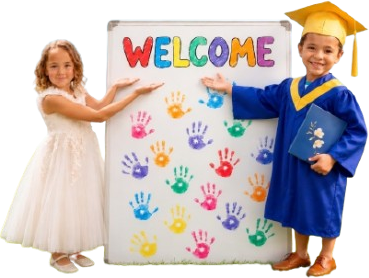 Two happy children holding a welcome sign at Apple Blossom Academy